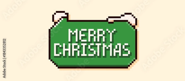 Fototapeta Pixel art speech bubble with a green background the phrase Merry Christmas and snow peaks.