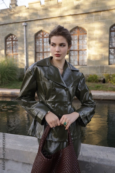 Fototapeta  beautiful young slavic woman with long dark natural hair in elegant clothes