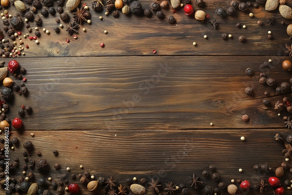 Fototapeta Rustic Wooden Table With Assorted Spices And Copy Space
