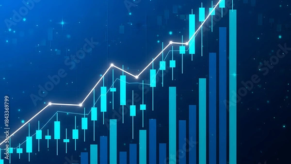 Fototapeta Blue 3D bar graph with an upward arrow illustrating business growth, financial success, and market progress for increased sales and profit