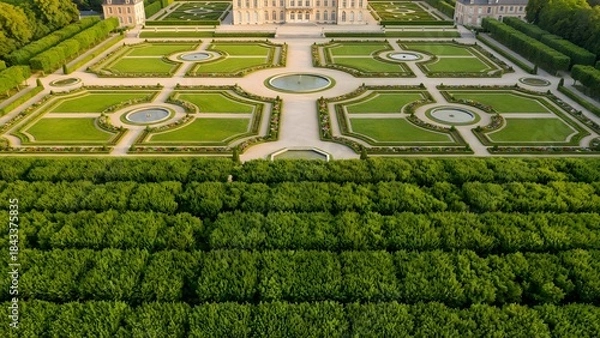 Obraz Aerial View of Symmetrical Garden Design with Pathways and Green Lawns.