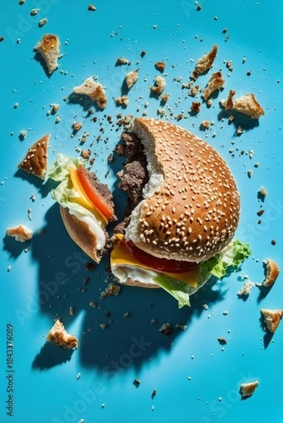 Obraz Smashed sesame burger crumbs on bright blue