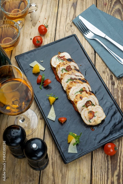 Obraz chicken meatloaf with ham and cherry tomatoes on a black rectangular plate