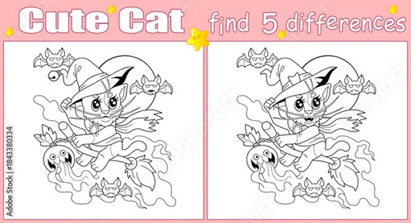 Obraz cute cat witch, educational coloring book find five differences