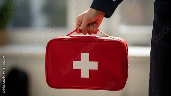 Obraz Person Holding Red First Aid Kit with White Cross.