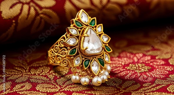 Fototapeta Ornate Gold Ring With Pearls and Emerald-Accent Stones on Rich Red and Gold Fabric Background