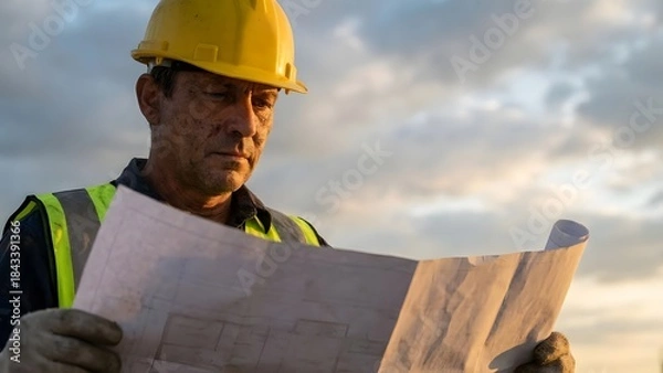 Obraz Construction Worker Analyzing Blueprints Outdoors.