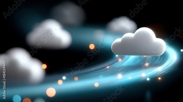 Obraz A surreal digital concept of cloud computing with fluffy clouds and glowing light trails, symbolizing data transmission and connectivity in a futuristic setting.