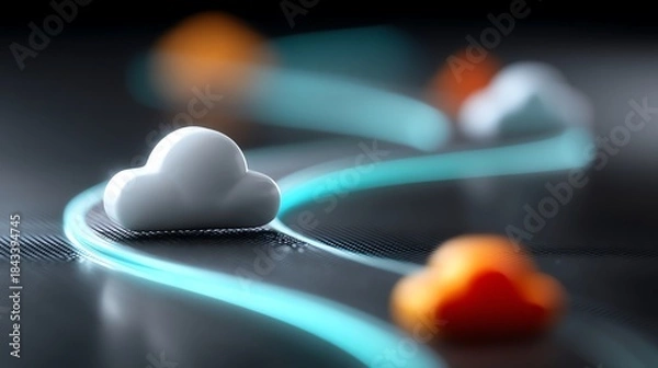 Obraz Abstract representation of cloud computing technology with stylized cloud symbols on a digital path
