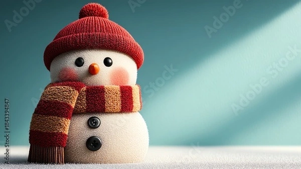 Obraz Charming snowman with a red hat and striped scarf sits on a snow-covered surface, illuminated by soft light, capturing the essence of winter joy and festive spirit.