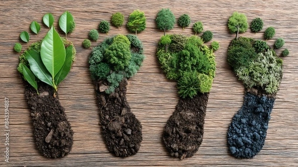 Obraz Creative representation of ecological footprints made from natural elements like leaves, moss, and soil, illustrating the impact on nature and the importance of sustainability.