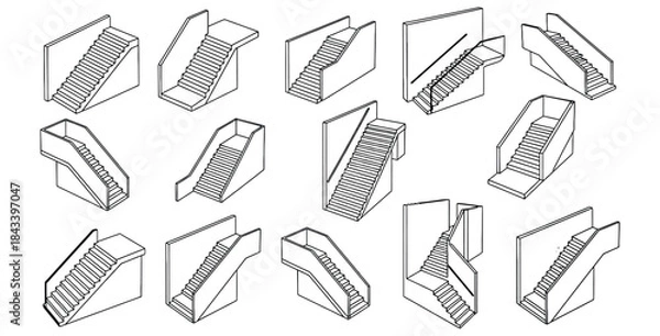 Obraz Collection of isometric line art architectural drawings showcasing various styles of interior and exterior staircases