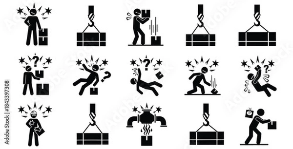 Obraz Collection of black and white stick figure icons illustrating various workplace safety hazards and manual handling risks