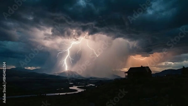 Obraz Dramatic Lightning Storm Over Dark Clouds and Landscape.