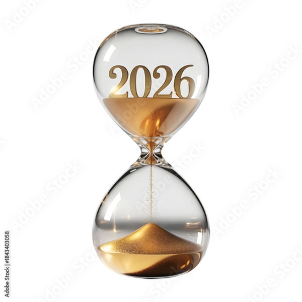 Fototapeta Hourglass with 2026 engraved on glass isolated on transparent background