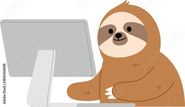 Obraz Funny cute sloth working with computer, Smile slowly sloth  using pc illustration 
