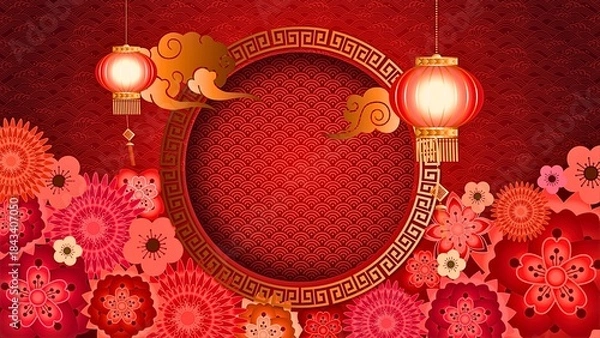 Fototapeta Red Chinese New Year background with lanterns, golden clouds, and floral patterns.