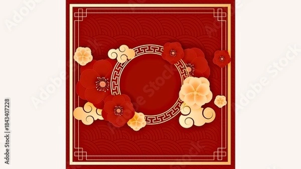 Fototapeta Traditional Chinese New Year background with red and gold flowers, auspicious clouds, and a central circular frame for text or image.