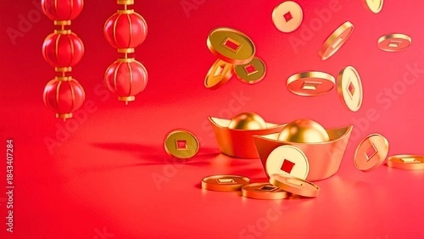 Fototapeta Vibrant red background with traditional Chinese lanterns, falling gold coins, and ingots symbolizing prosperity and good fortune.