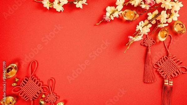 Fototapeta Vibrant red background with traditional Chinese New Year decorations including gold ingots, decorative knots, and delicate blossoms, symbolizing prosperity and good fortune.