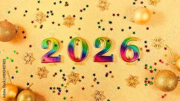 Fototapeta Colorful 2026 numbers with golden ornaments and festive confetti on a yellow background.
