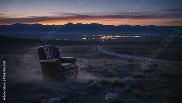 Fototapeta Serene Sunset Over Mountain Range with Empty Chair.