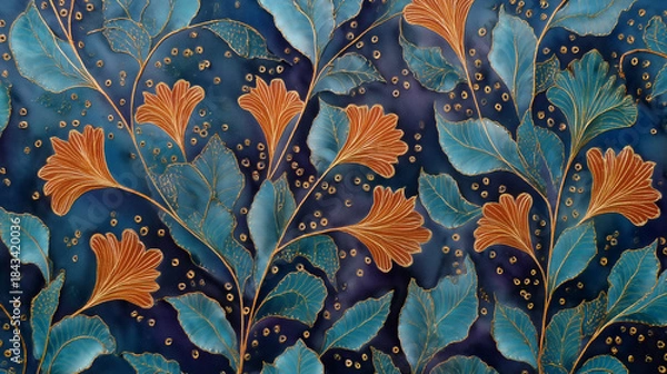 Obraz Abstract Blue Gold Botanical Batik Art Pattern
