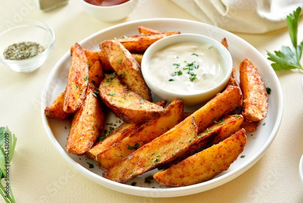 Obraz Oven baked potato wedges with sauce