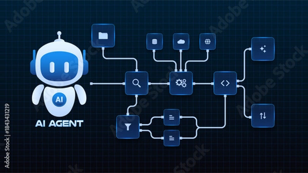 Obraz AI workflow automation artificial intelligence. ai agent with search function, data sources, filtering nodes, coding steps, and automation system.