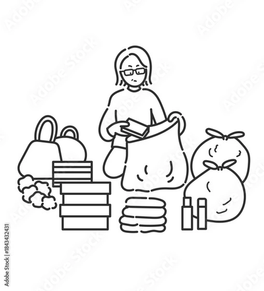 Fototapeta 断捨離、不用品を処分する40代女性のイラスト　線画のみ