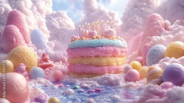 Fototapeta Pastel Birthday Cake in a Whimsical Candy Cloudscape with Floating Sweets