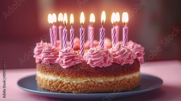 Fototapeta Close-up of a festive birthday cake with pink frosting and lit candles