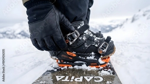 Fototapeta Close-up of Person Tying Snowboard Boots on Snowy Mountain.