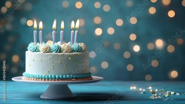 Fototapeta Birthday cake with lit candles and festive bokeh lights on a blue table