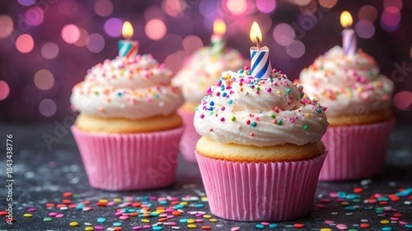 Fototapeta Festive Birthday Cupcakes with Burning Candles and Vibrant Sprinkles