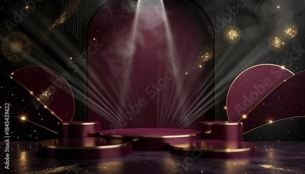 Fototapeta Luxurious Burgundy and Gold Product Display Platforms with Festive Lights and Glitter