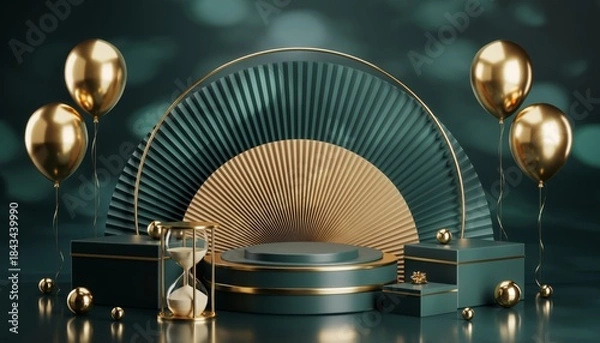 Fototapeta Elegant teal and gold product display podium with festive balloons, gifts, and an hourglass.