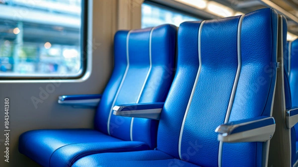 Fototapeta Comfortable blue seats with armrests inside a modern passenger train showcasing a clean and inviting interior design for travelers on a daytime journey