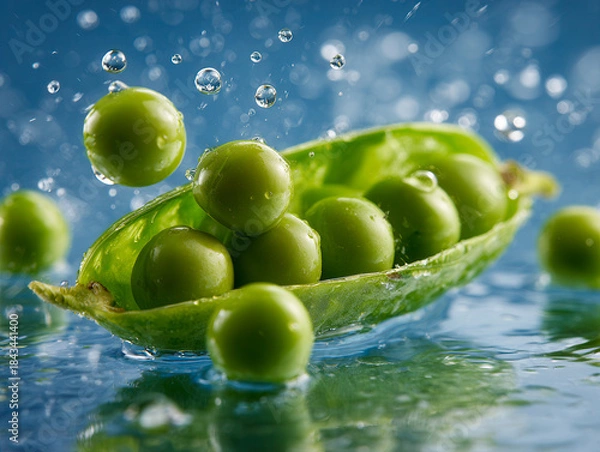 Fototapeta Fresh green peas in an open pod splashing into water droplets with a vibrant blue background showing natural freshness and juiciness