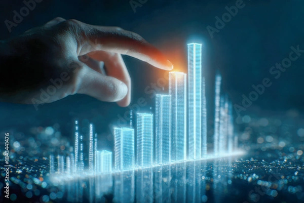Fototapeta Hand interacting with glowing holographic bar chart rising over futuristic digital cityscape symbolizing data analysis and technological growth concepts