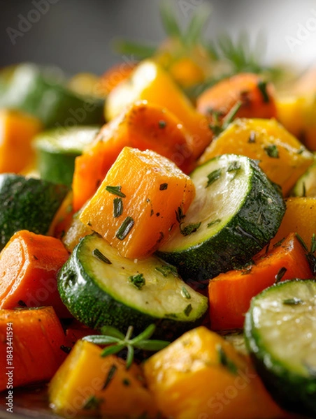 Fototapeta Colorful roasted fall vegetables including zucchini, butternut squash, and carrots seasoned with fresh herbs, showcasing a warm and healthy side dish option