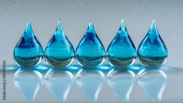 Fototapeta Five vibrant blue glass water droplets aligned horizontally reflecting on a smooth surface with soft gradient background and subtle shadows beneath each droplet