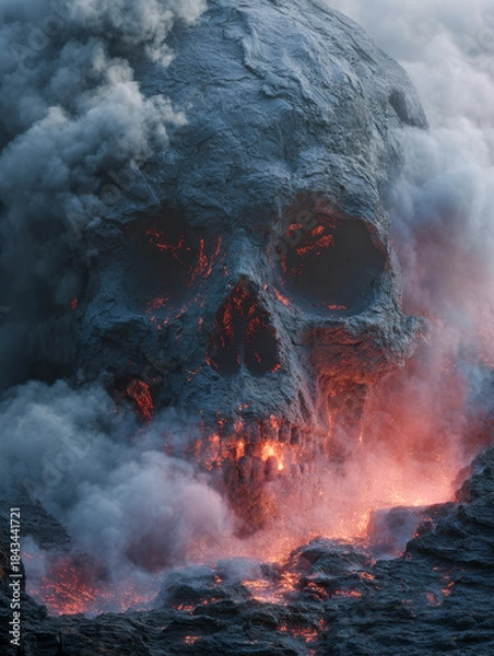 Fototapeta Erupting volcanic rock formation shaped like a massive skull with glowing molten lava and plumes of smoke creating a dramatic and intense natural scene