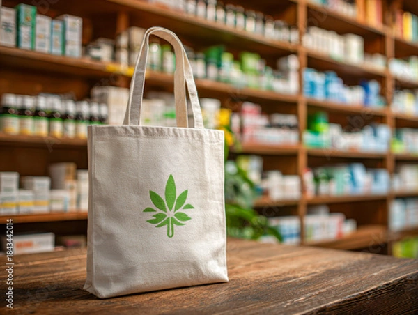 Fototapeta Reusable cotton shopping bag with a green leaf design displayed on a wooden counter inside a natural products store with shelves of health supplements in the backgro