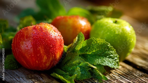 Fototapeta Fresh ripe plums with green leaves covered in morning dew droplets resting on rustic wooden surface in soft natural sunlight background
