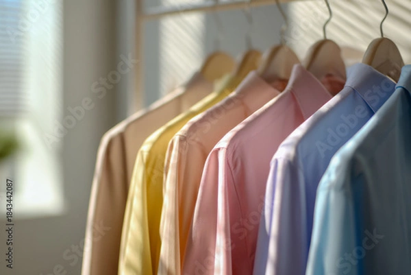 Fototapeta A row of pastel-colored dress shirts hanging neatly on wooden hangers in a softly lit closet with natural light filtering through window blinds