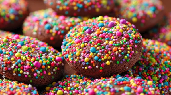 Fototapeta Assorted chocolate cookies covered with vibrant multicolored candy sprinkles creating a festive and colorful dessert display on a wooden surface