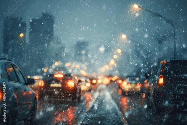 Fototapeta Traffic congestion on a rainy winter evening with heavy snowfall creating blurred city lights and wet reflective streets filled with slow-moving cars under street la