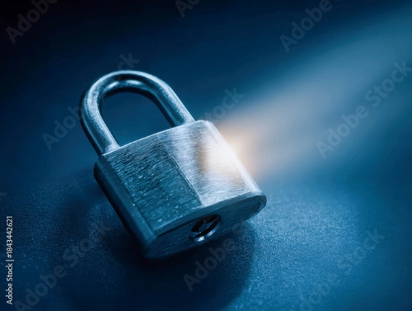 Fototapeta Metal padlock lying on a smooth surface illuminated by a focused beam of light symbolizing security and protection concepts in a dark environment