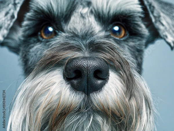 Fototapeta Close-up view of a gray and white dog's face focusing on the textured nose and amber eyes with detailed fur against a soft blue background